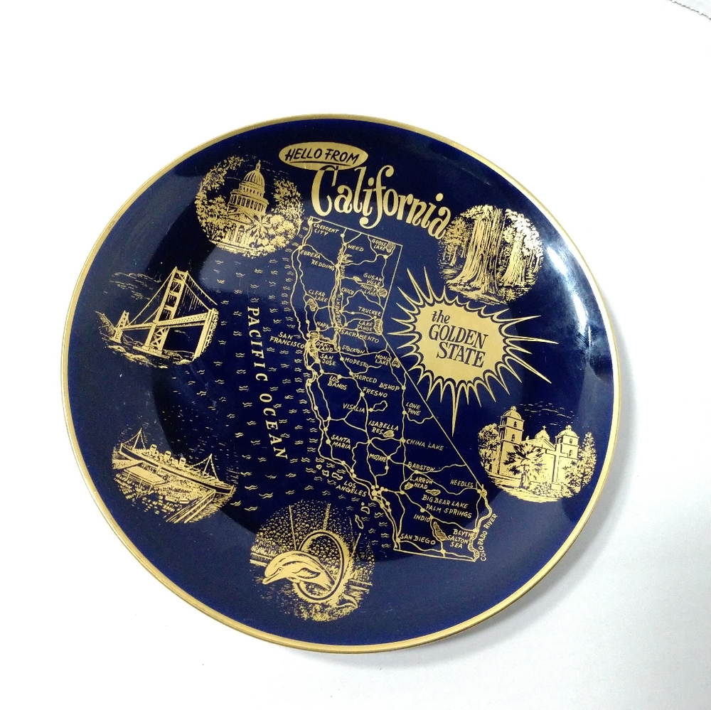 Vintage Lindner Plate Hello From California Cobalt and Gold - Picture 2 of 6